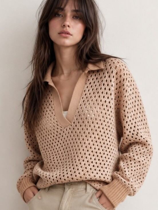 aerie Sweaters - Aerie Open Knit Oversized Polo Sweater in Brown/Tan 100% Cotton Size XL NEW NWT